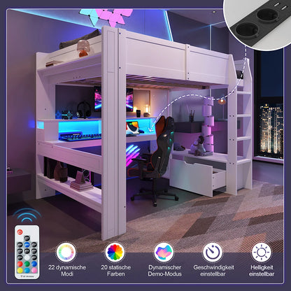 KOMHTOM Gaming Hochbett, Weiß, mit Schreibtisch, LED-Leuchten, Schublade und Regalen - Ohne Matratze
