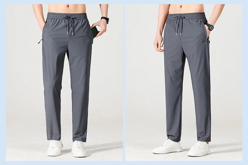 Ice Silk Men's trousers 2024 summer black-and-gray thin style business casual pants outdoor stretch breathable straight leg loos.