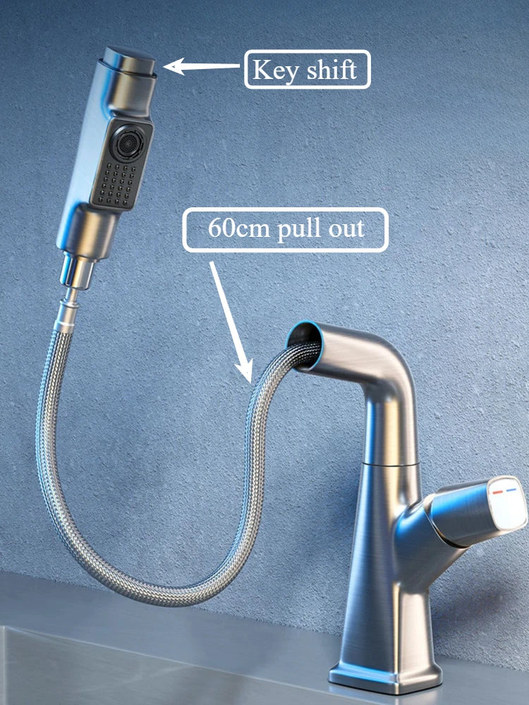 Hot and cold faucet bathroom sink vanity with pull-out function that can be raised and lowered 360º rotating mixing spray faucet