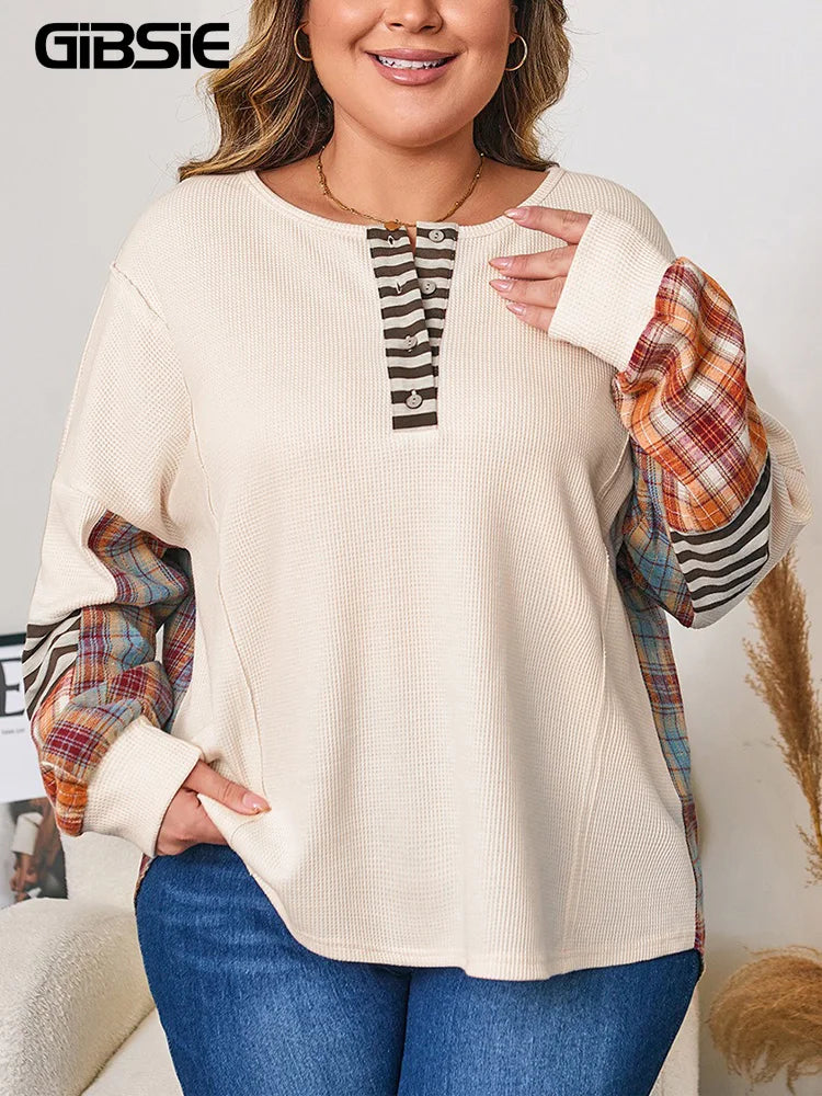 GIBSIE Plus Größe Taste Vorne Oansatz Plaid Sweatshirt Frauen Herbst 2025, Neue Tropfen Lange Hülse Lose Beiläufige Pullover Tops.