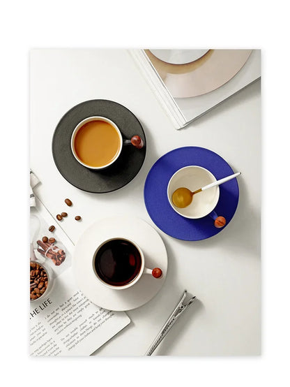 Blue Retro Ceramic Coffee Cup with Saucer 130ml Wooden Handle Tea Water Cup Filter Tea Mug Handmade Frosted Tea Coffee Cup Gift.