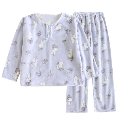 2025 New Winter Women's Pajama Set with Thickened Fleece and Flannel Warm Head Cartoon Comfortable Home Clothing Set Pijama