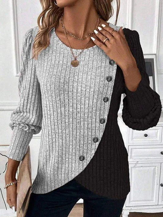 Herbst Langarm Tasten Pit Gestreiften Frauen Pullover Kontrast Farbe Lange Hülse O-ansatz Pullover Lose Einfache Gestrickte Kleidung