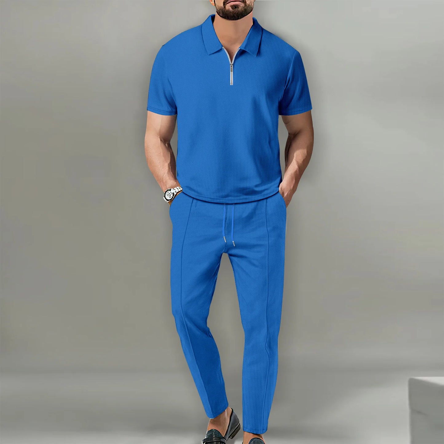 2025 New Men's POLO Shirt 2 Sets Casual Fashion Commercial Breathable Lapel, Pants pull rope Solid Color Men 2 sets.