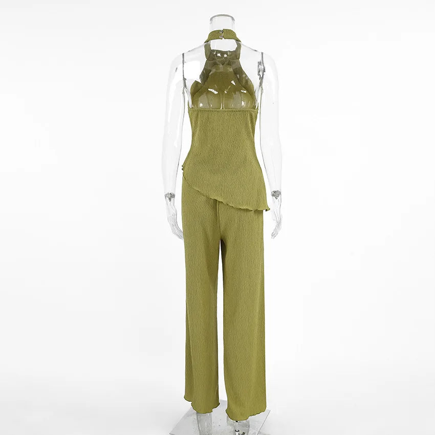 Tuularose Hanging Green Pants Set Sleeveless Backless Personality Temperament Commuter Two-piece Set Summer New Women Pants Set.