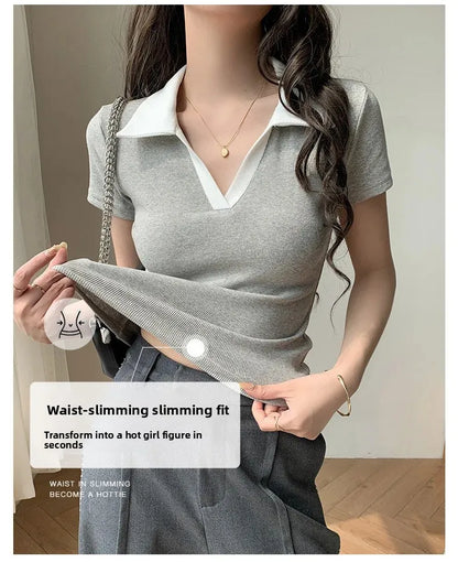 Chic Short Sleeve Polo Neck T-Shirt Women's Summer New Design Sensation Gexuan Fashionable Flip Collar Shoulder Length.