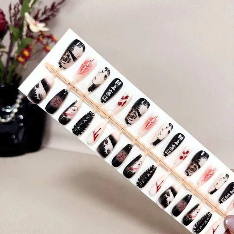 24Pcs Fake Nails Dark Sweet and Edgy Style Pain Nails Anime-Inspired Press-On Nail Tips Perfect Gift for Girls and Friends.
