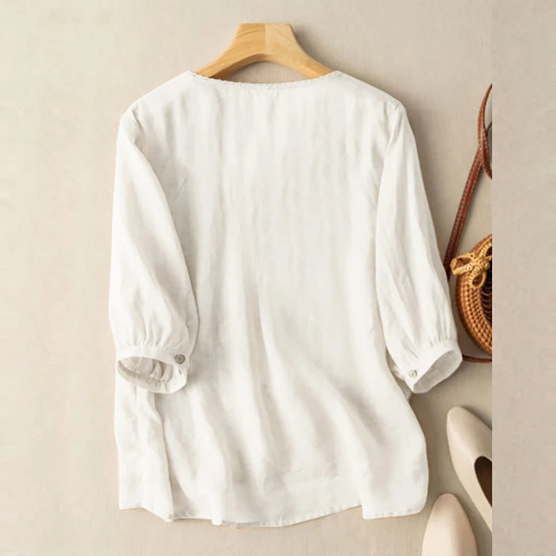 ZANZEA Elegant Women Embroidered Blouses Autumn 2024 3/4 Puff Sleeve Transparent Blusas Mujer Casual Vintage Cotton Shirts Tops.