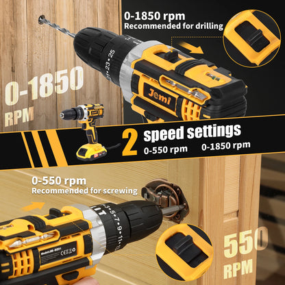 Jemi Tool 12 V/21 V Akku-Bohrschrauber, 45 Nm Schlagbohrmaschine, 25+3 Drehmomenteinstellung, mit 45 optionalen Zubehörteilen