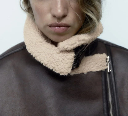 Frau dicke warme doppelseitige Faux Shear ling Jacke Herbst Winter neue Revers Langarm Gürtel Saum Reiß verschluss weibliche Oberbekleidung