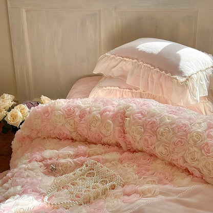 Three-Dimensional Rose Flowers Lace Ruffles Princess Wedding Bedding Set Warm Milk Velvet Duvet Cover Bed Sheet Pillowcases 4Pcs.