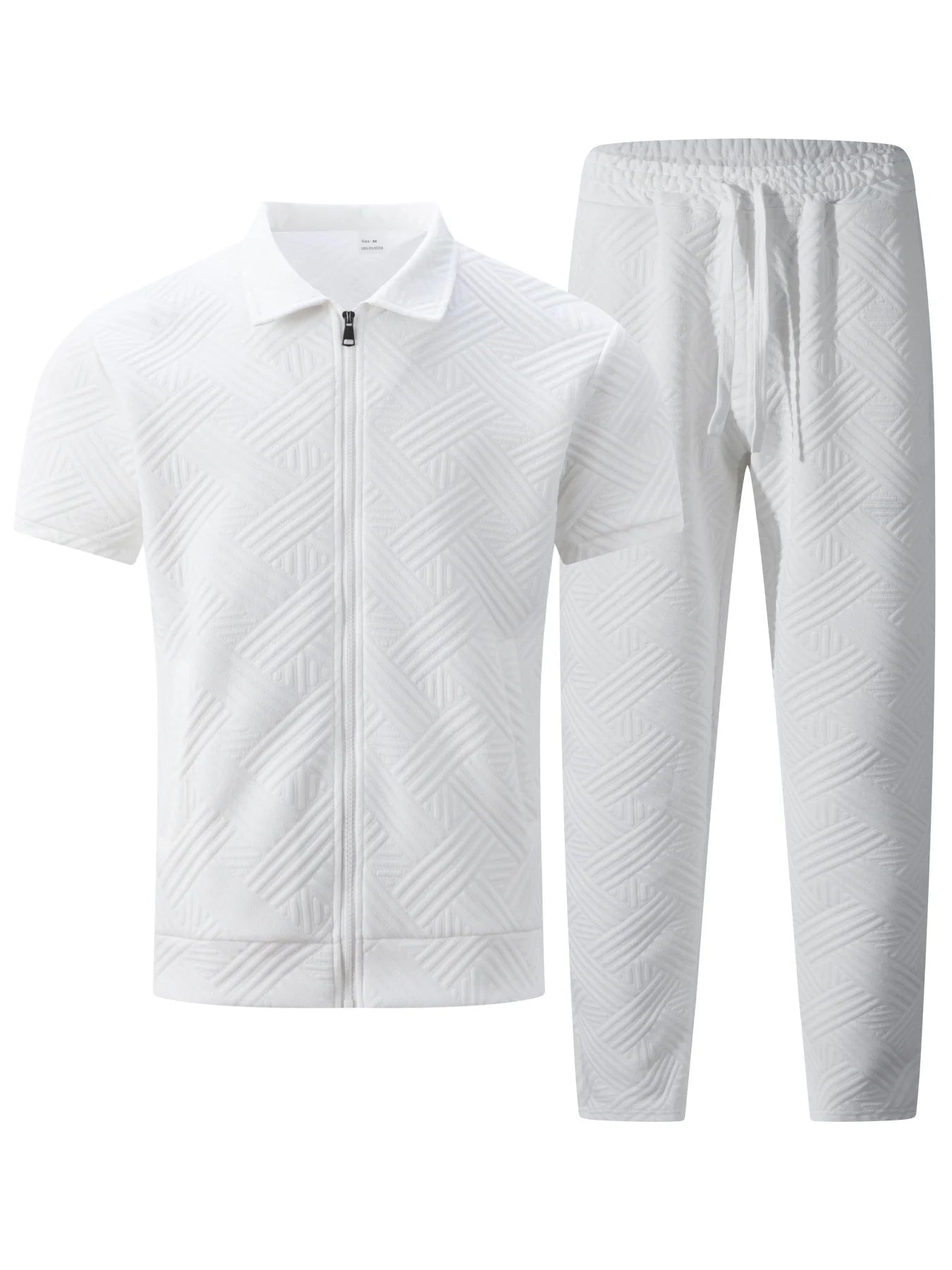 2025 Men's Casual and Fashionable short-sleeved jacket and shirt with solid-colored drawstring trousers two-piece set.