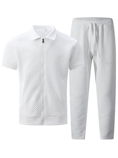 2025 Men's Casual and Fashionable short-sleeved jacket and shirt with solid-colored drawstring trousers two-piece set.