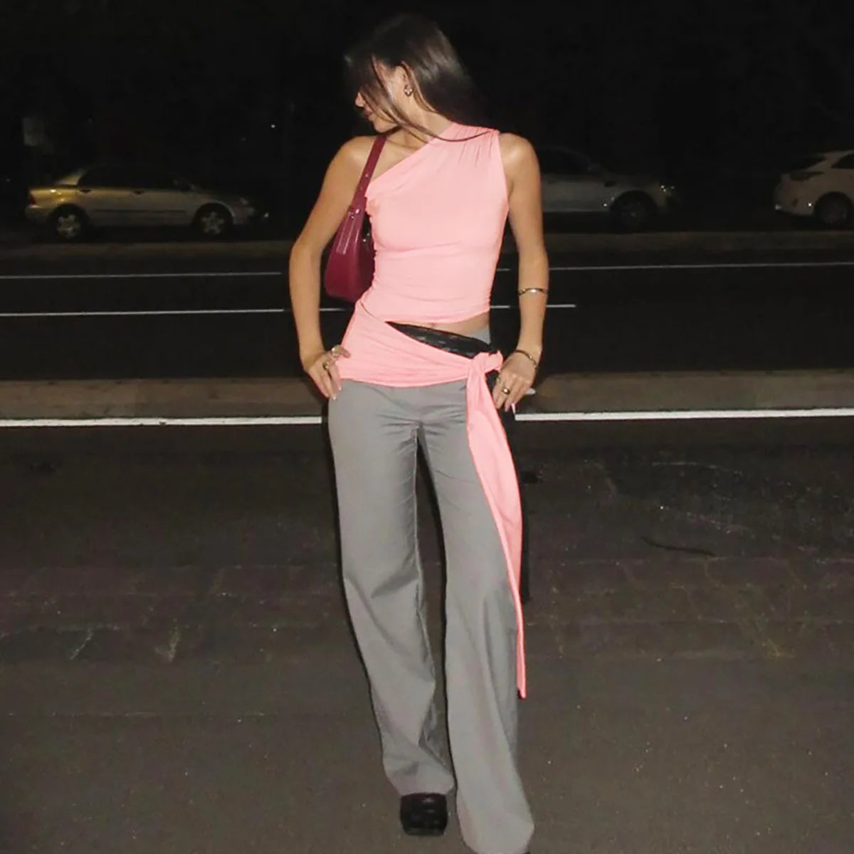 Cryptographic One Shoulder Solid Lace Up Tops Summer Y2K Outfits Sexy Backless Sleeveless Crop Tank Coquette Streetwear Clothes.