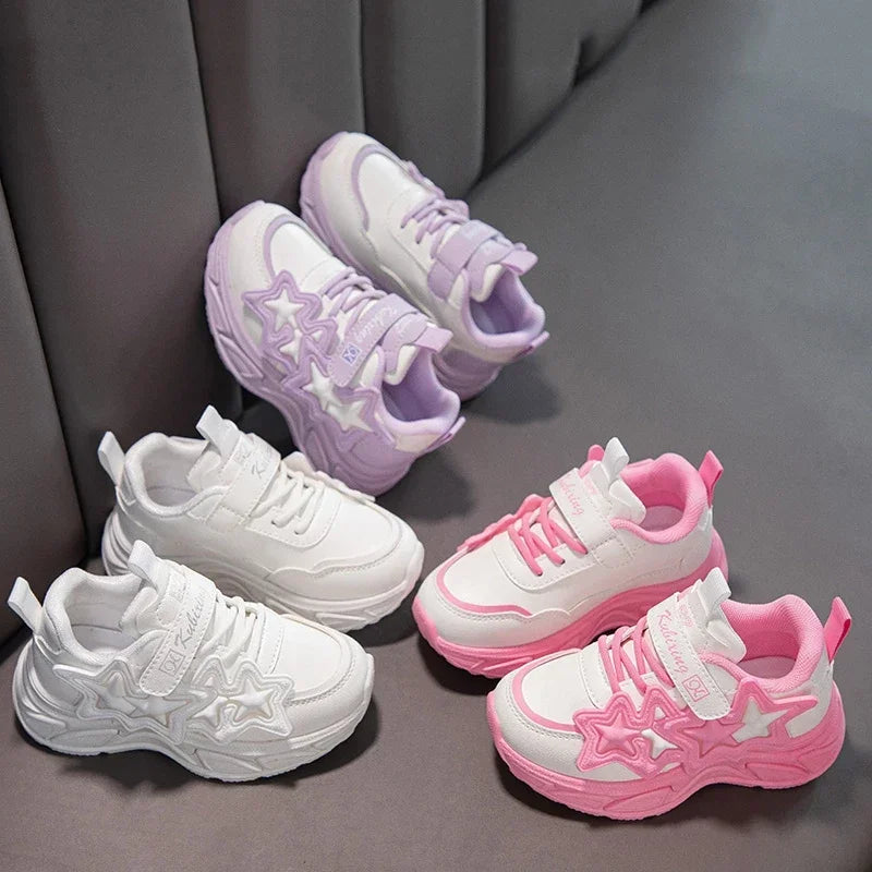 Children Casual Shoes for Girls Fashion Classic with Stars Girls Sports Running Sneakers Breathable PU + Rubber Anti-skid Soft.