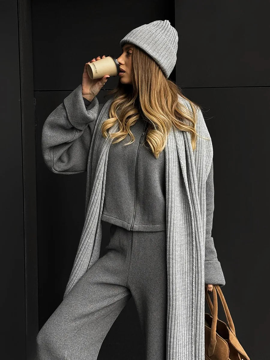 Knit Women 2 Piece Outfit Round Neck Zipper Loose Cuffs Cropped Coat For Lady Sporty Elatic Waist Autumn Female Wide Leg Pants.