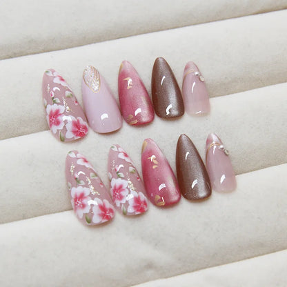 24Pcs Peach Blossom Press on Nails Cat's Eye Nude Glitter False Nail for Women&Girl Spring and Summer Detachable Wearable Nail.