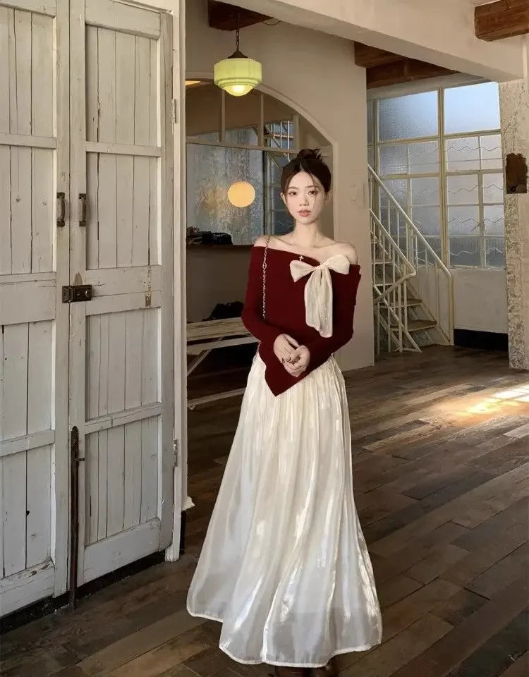 Red One-Shoulder Long-Sleeve Knitted Sweater Women's Spring New Year Slim Fit Short Top Butterfly Knot Decorated Cotton T-shirt