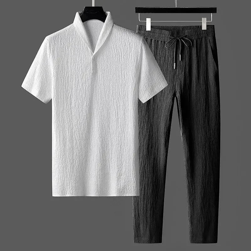 Summer Hot Sale Of The Season Men's Casual Sports Suit Thin Short Sleeve Qingguo Collar Two-Piece Set Loose Fit Comfortable Brea.