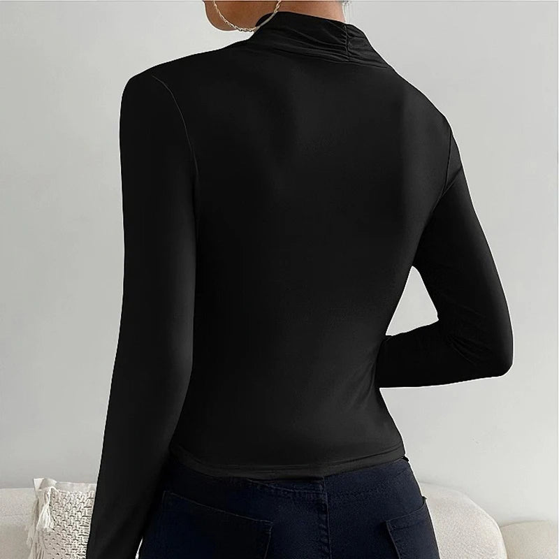Sexy Elegant Fall Winter Long Sleeve Cross Pleated Pullover Women's Modal Solid Color Irregular Tops Street Daily Versatile Tees