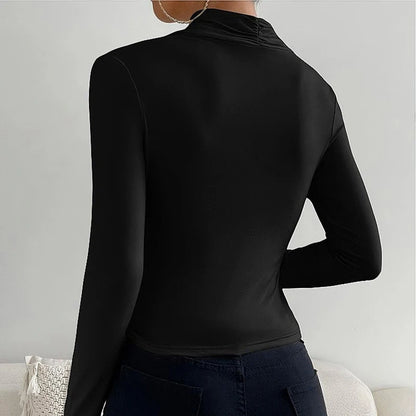 Sexy Elegant Fall Winter Long Sleeve Cross Pleated Pullover Women's Modal Solid Color Irregular Tops Street Daily Versatile Tees