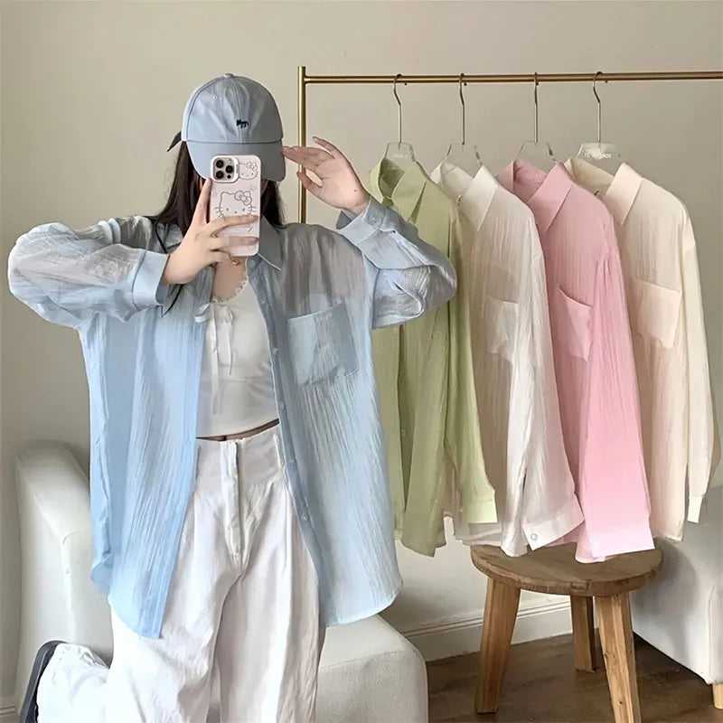 Women's Summer Sun Protection Shirts Casual Loose with Pocket Chiffon Blouses Female Korean Chic Thin Breathable Slimming Shirt.