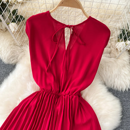 Französisch Vintage elegante Plissee Vneck Kleid A-Linie Mode Chiffon Frühling Herbst ärmellose Vestidos Frauen kleider