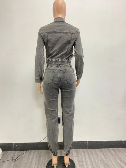 Pant Sets Long Sleeve Women Tracksuit Zipper Denim Coat Cargo Ankle Length Pants Pockets High Street Spliced Slim 2024.