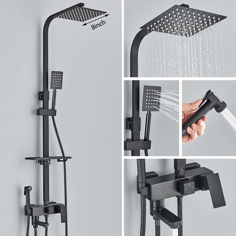 Black Chrome 3/4-way Shower Faucet Rainfall Shower Hot Cold Water Mixer Bidet Faucet Commodity Shelf For Bathroom Shower Mixer