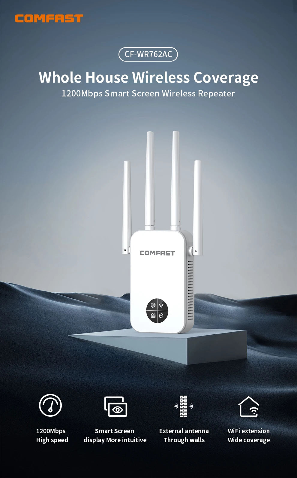 Comfast 1200Mbps Wifi Repeater 2.4/5G Dual-band Wireless WIFI Extender Smart Screen Home Router 4 Antennas WPS/RESET EU Plug.