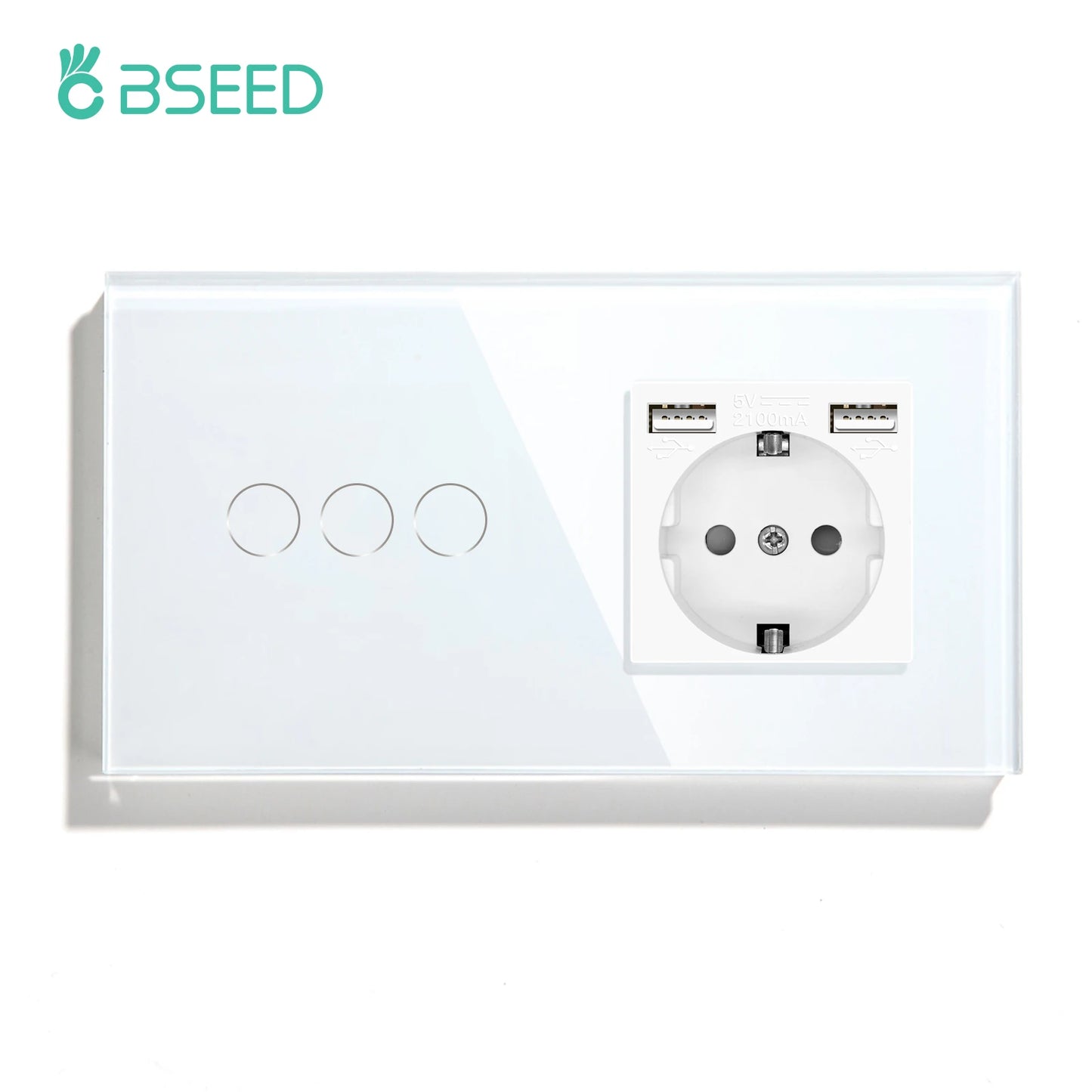 BSEED Touch-Lichtschalter, EU-Standard-Wandsteckdose mit USB Typ-C-Kristallglasscheibe, weiße Farbe, Netzstecker, 1/2/3 Gang-Schalter.