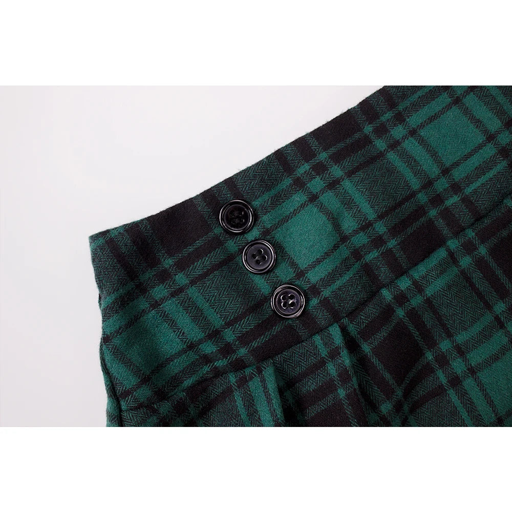 SISHION 2025 Autumn New A Line Swing Buttons Long Midi Vintage Skirt SS0037 Red Green High Waist Plaid Skirts for Women Jupe.