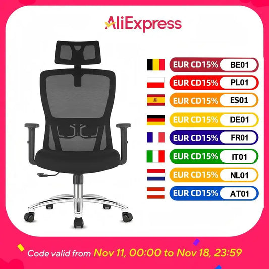 Durrafy Ergonomischer Bürostuhl, Schreibtischstuhl mit verstellbarer Kopfstütze, Armlehnen und Lordosenstütze, Netzdrehstühle, Schwarz