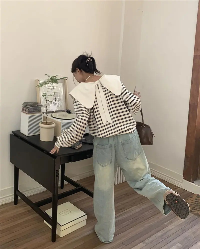 Oversized New Women Clothing Korean Patchwork Peter Pan Collar Sweatshirts Female Casual Striped Long Sleeve Loose T-Shirts Tops.