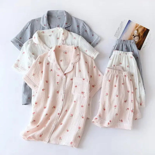 2025 sommer Damen Kurzarm Shorts Pyjamas Set 100 % Baumwolle Krepp Tuch Dünne Hause Service Zwei-stück Frühling und Herbst Lose