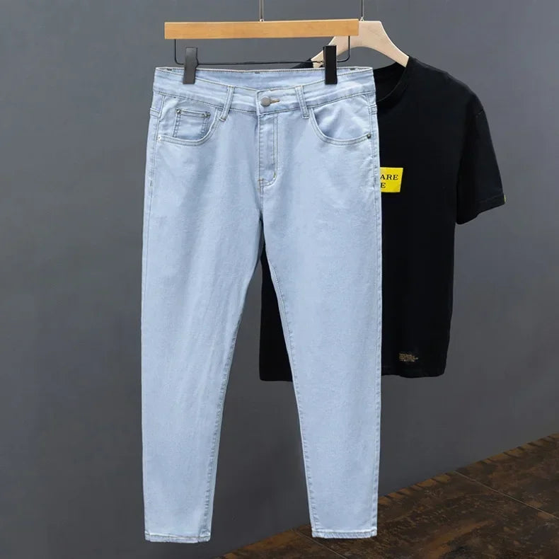 White Jeans Men's Slim Straight Ankle-length Soft Comfort Elastic Denim Trousers Fashion Korean Basic Casual Pencil Pants.