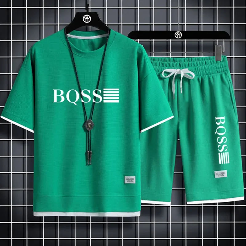 Summer fitness jogging loose sportwear set men's solid color short-sleeved casual T-shirt + shorts breathable two-piece set.