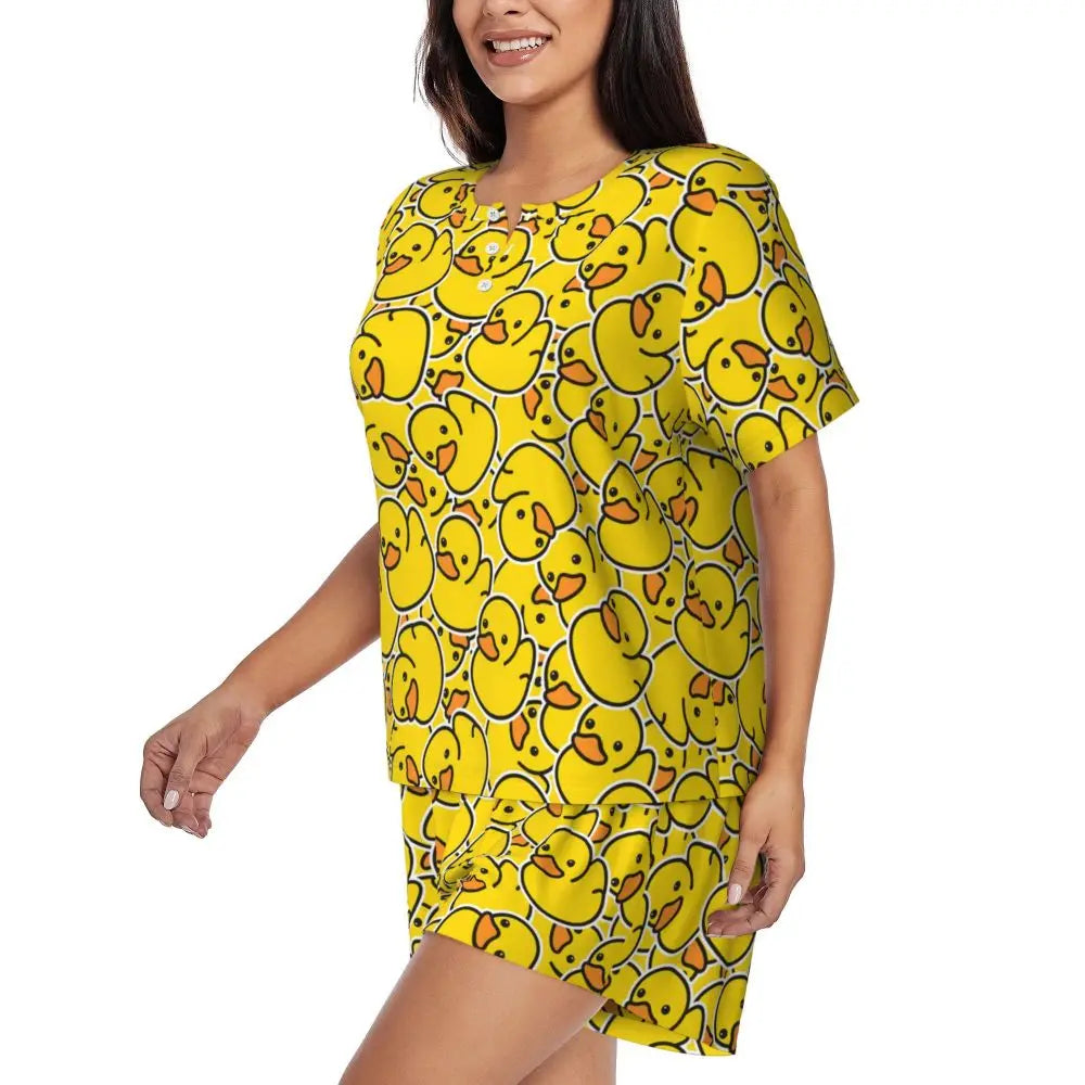 Benutzerdefinierte Frauen Gelb Klassische Gummi Ente Pyjamas Set Gedruckt Zwei-stück Pj Sets Kurzarm Nachtwäsche Loungewear.