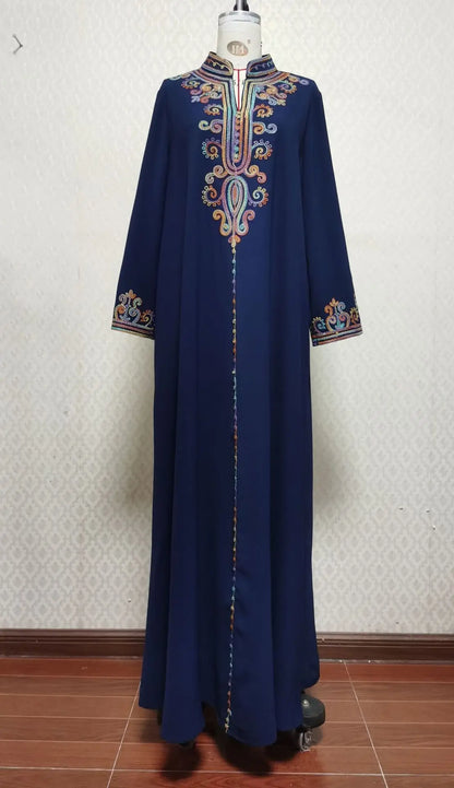 Dubai Muslim New Fashion Women's Embroidereid Long Sleeve V-neck Loose A-line Ankle Length Dresses Female Trendy Elegant Clothes.