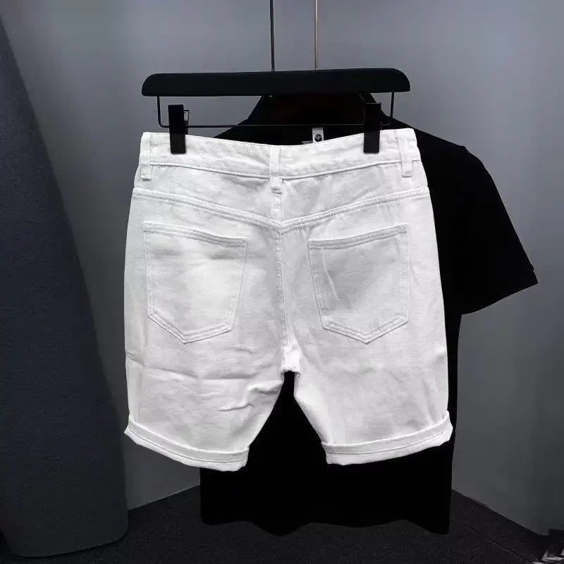 New Men's Denim Shorts Trendy Solid Color Ripped Slim Fit High Waist Elastic Waist Breathable Quick Dry Cotton Pants.