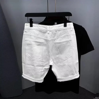 New Men's Denim Shorts Trendy Solid Color Ripped Slim Fit High Waist Elastic Waist Breathable Quick Dry Cotton Pants.
