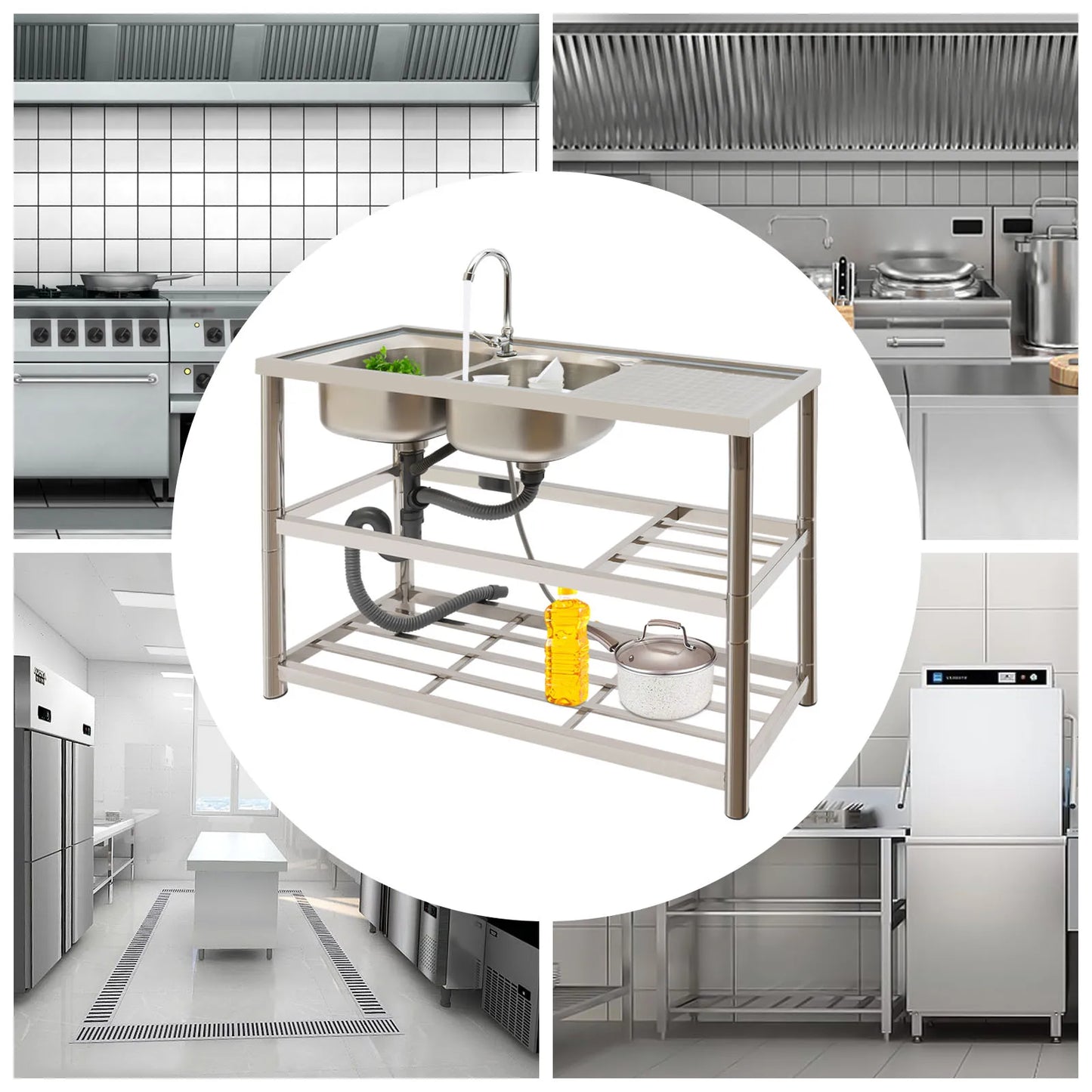 Freistehende Edelstahl Doppels ch üssel gewerbliche Küchen spüle Set mit Wasserhahn Abtropffläche mit/Werkbank & Doppel regale