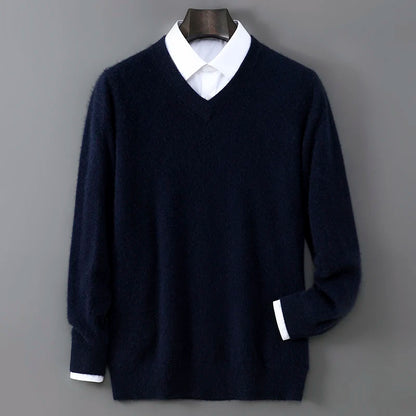 2025 Autumn Winter New Men's Wool Sweater Solid Color V-Neck Pullover Sweater Casual Loose Business Knit Plus Size Base Sweaters