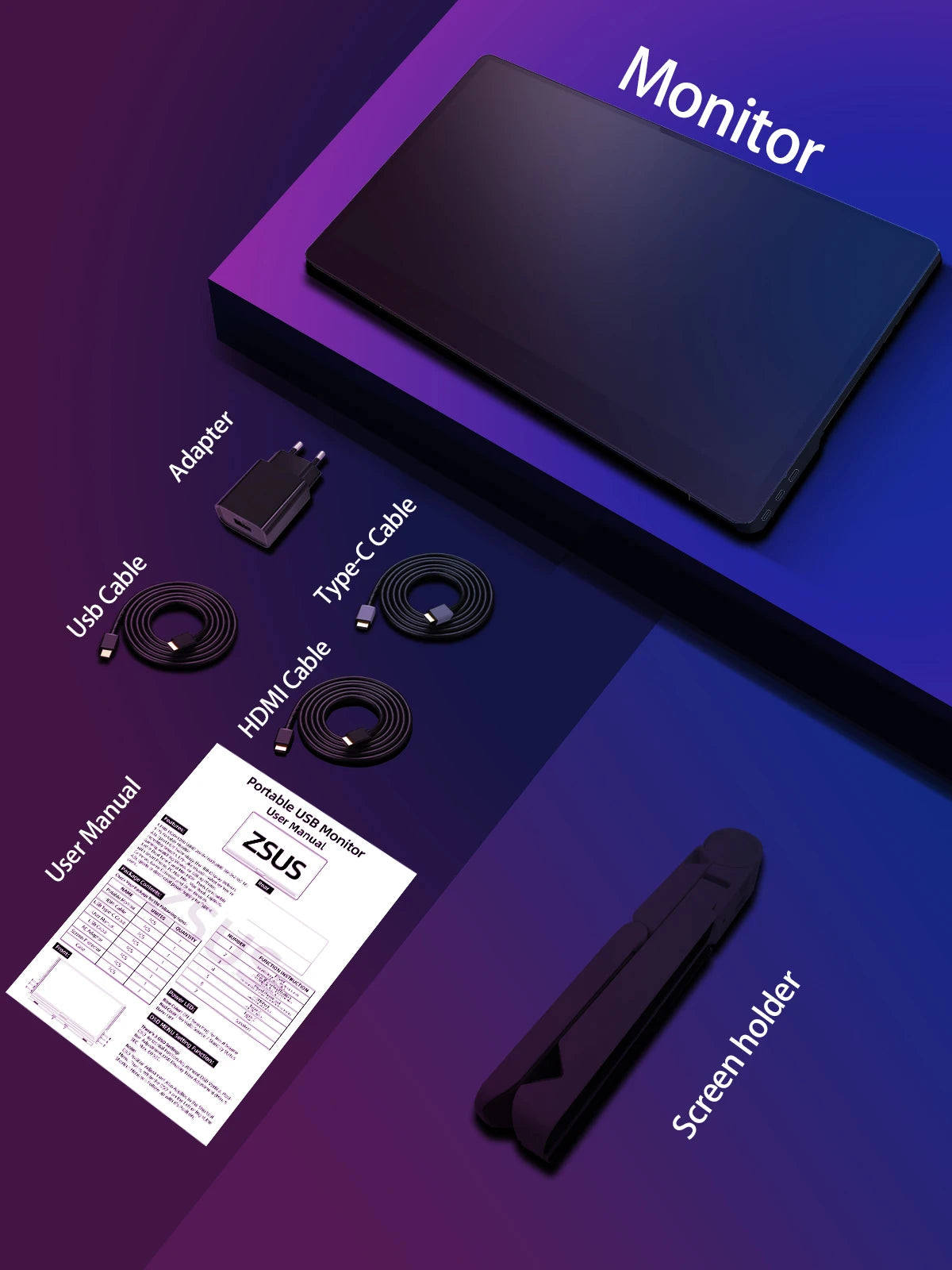 ZSUS 2160*1440  14-inch 2K Portable Monitor 60HZ For Laptop XBox PS4 / 5 Switch TV Box Cell Phone PC Extension  Mobile.