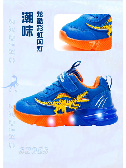 EXDINO Dinosaur Little Kids Spring Autumn LED Light Up Shoes Children Spinosaurus Boys Glowing Casual Sports Sneakers Non-slip.
