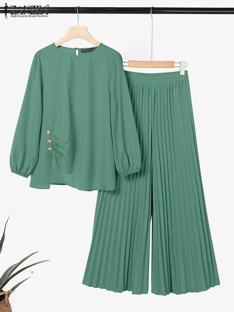 ZANZEA Muslim Women 2 Pieces Pant Sets Hijabis Casual Asymmetric Hem Long Sleeve Blouses & Pleated Pants 2pcs Suits Outfits.