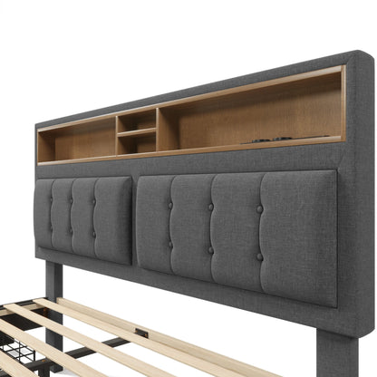 VSOGA 160 x 200 cm großes Doppelbett mit 4 Schubladen und USB-C-Buchse, höhenverstellbarem Kopfteil, Lattenrost aus Holz (mit Matratze)