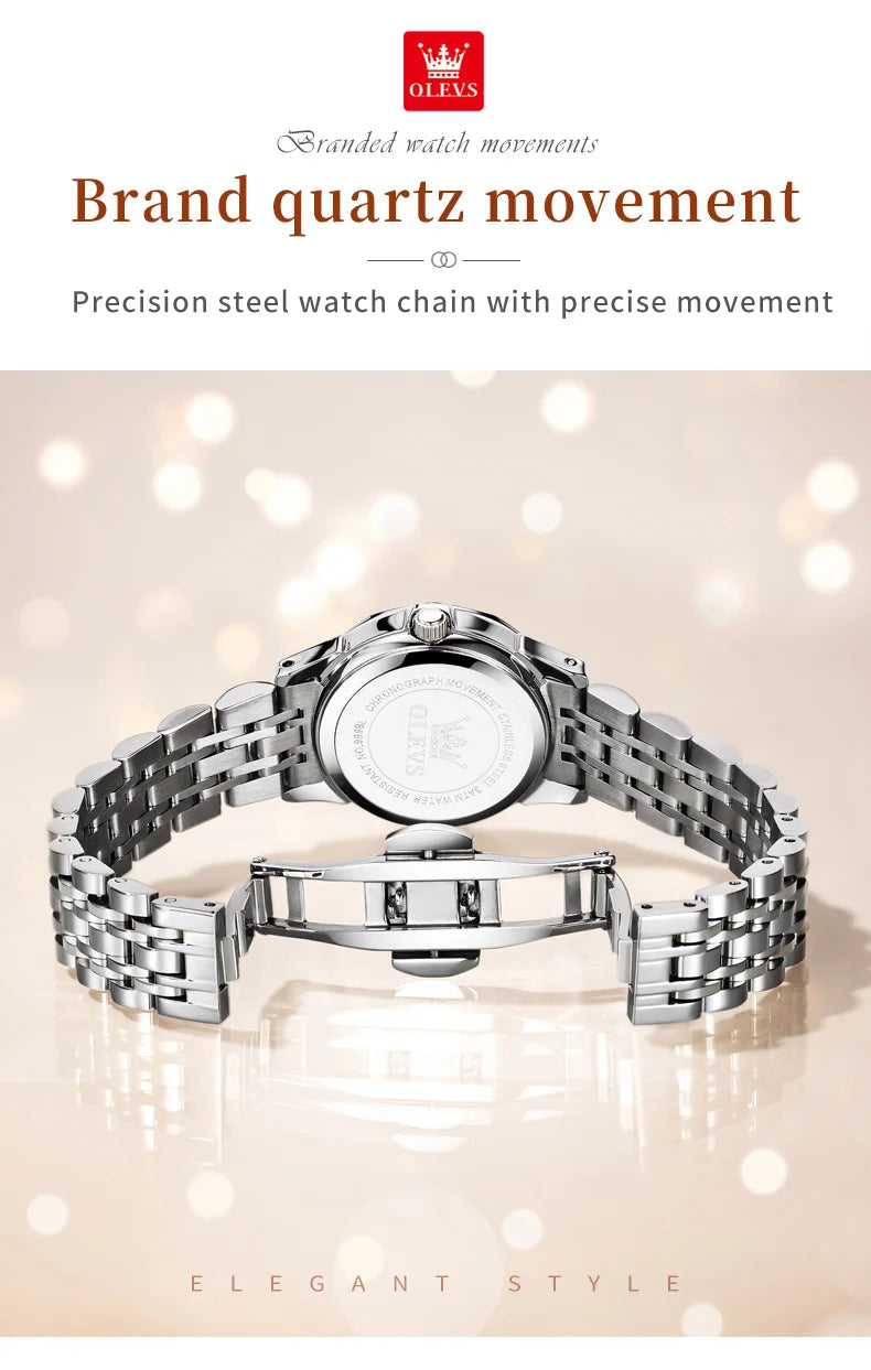 OLEVS Elegant Fashion Ladies Watches 9998 Original Quartz Women's Watches Waterproof Stainless Steel Luminous Date Wristwatch.