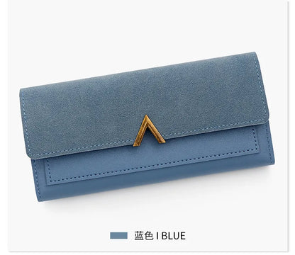 New Korean version women's wallet long V-shaped buckle three fold wallet for women, hand-held bag, change card bag.