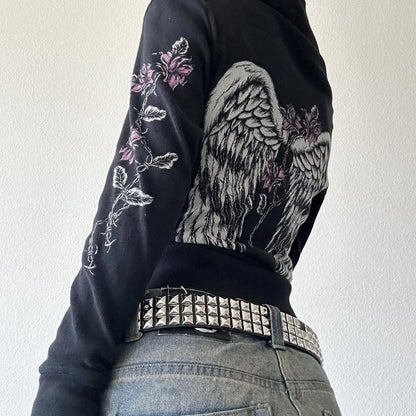 00s Aesthetic Vintage Jacket Y2k Grunge Zip Up Sweatshirt Flower Wings Print Slim Fit Hoodies E-girl Gothic Cool Street Outwear.